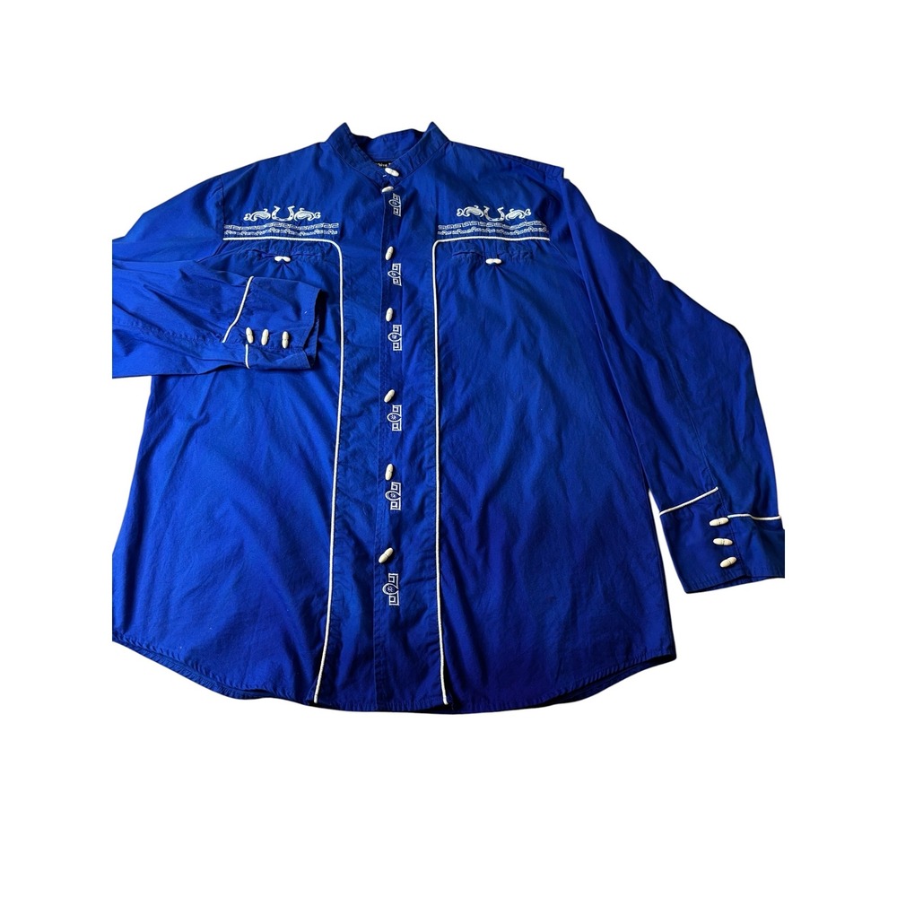 White Diamond Royal Blue Western Shirt 2XL Horseshoe Embroidery Barrel Button